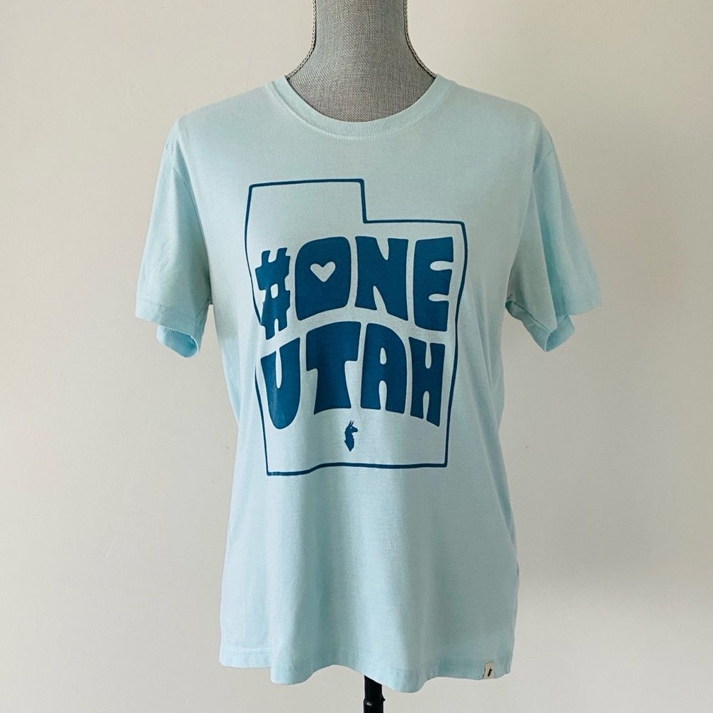 Cotopaxi #OneUtah Graphic Sky Blue Tee Iconic Logo Patch Women’s Sz M Utah